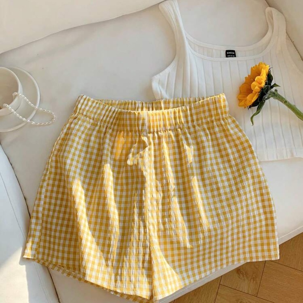 High-Waist Yellow Gingham Women’s Shorts